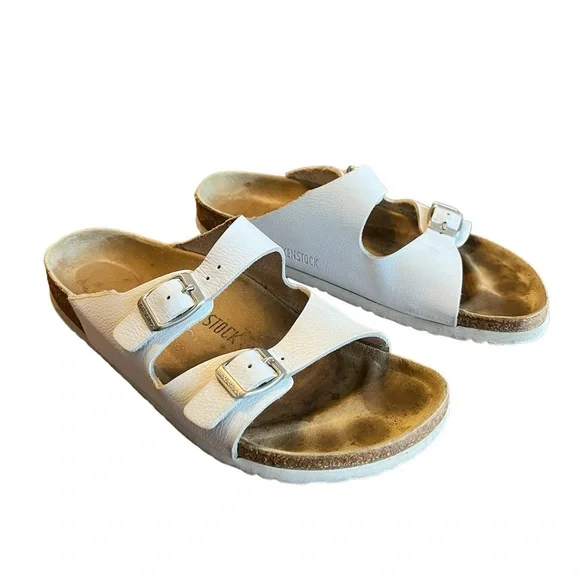 Birkenstock Two Strap Leather Sandals Cork Footbed Sz 40 (W9 M7) White - Picture 2 of 12